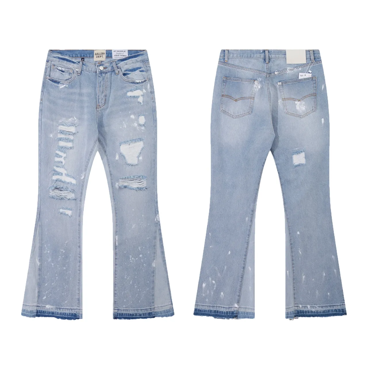 p270 647#Gallery Dept New Washed Blue Destroyed Hole Embroidery Patch Hand-painted Splashed Ink Splicing Micro-Large Jeans Heavy Industry Ox King American High Street Casual Pants Washed Blue S~XL